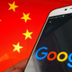 A phone with the Google logo in front of the red background and gold stars of the Chinese flage.